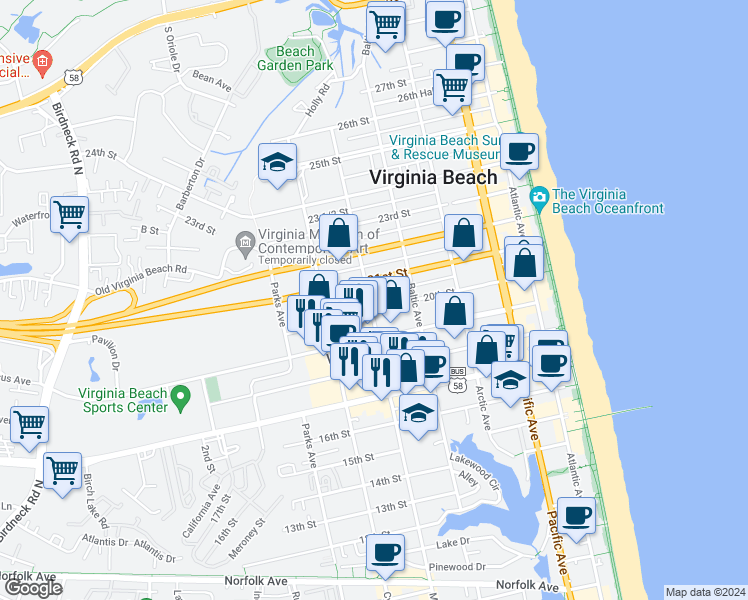 map of restaurants, bars, coffee shops, grocery stores, and more near in Virginia Beach