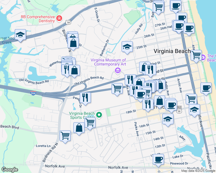 map of restaurants, bars, coffee shops, grocery stores, and more near 14 Norfolk Virginia Beach Expressway in Virginia Beach