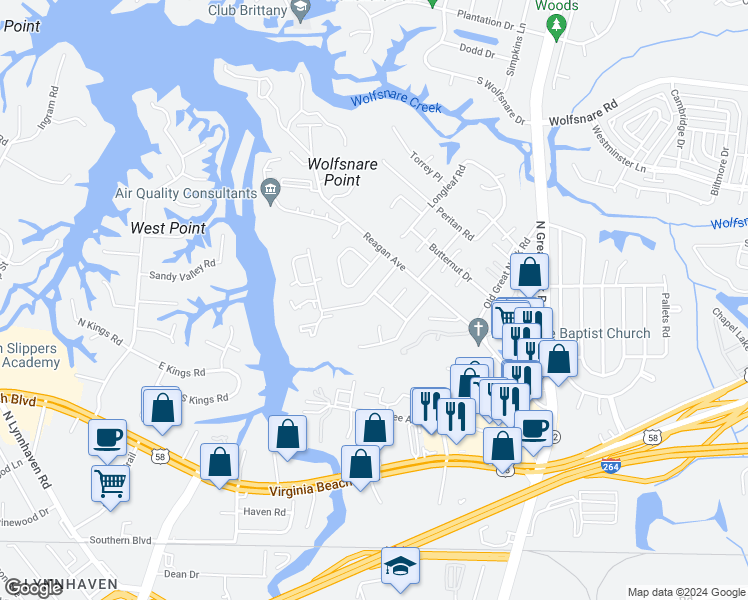 map of restaurants, bars, coffee shops, grocery stores, and more near 425 Wayman Lane in Virginia Beach