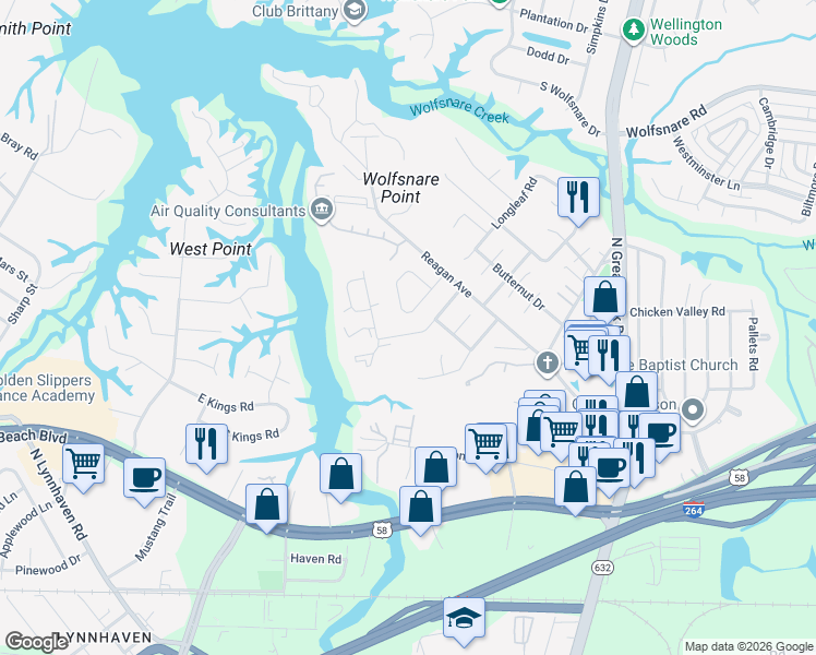 map of restaurants, bars, coffee shops, grocery stores, and more near 425 Wayman Lane in Virginia Beach