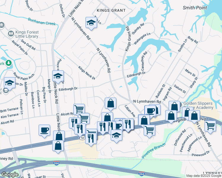 map of restaurants, bars, coffee shops, grocery stores, and more near 440 North Lynnhaven Road in Virginia Beach