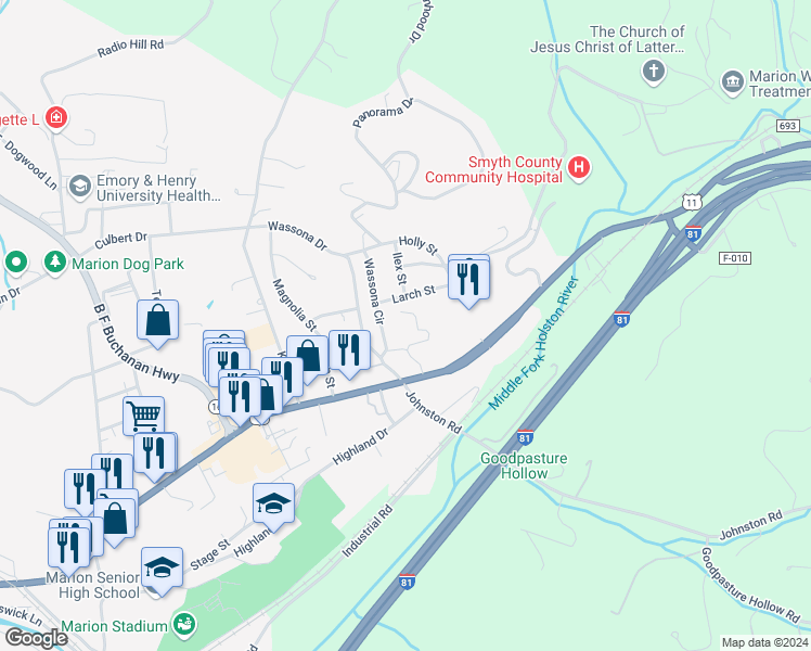 map of restaurants, bars, coffee shops, grocery stores, and more near 200 Larch Street in Marion