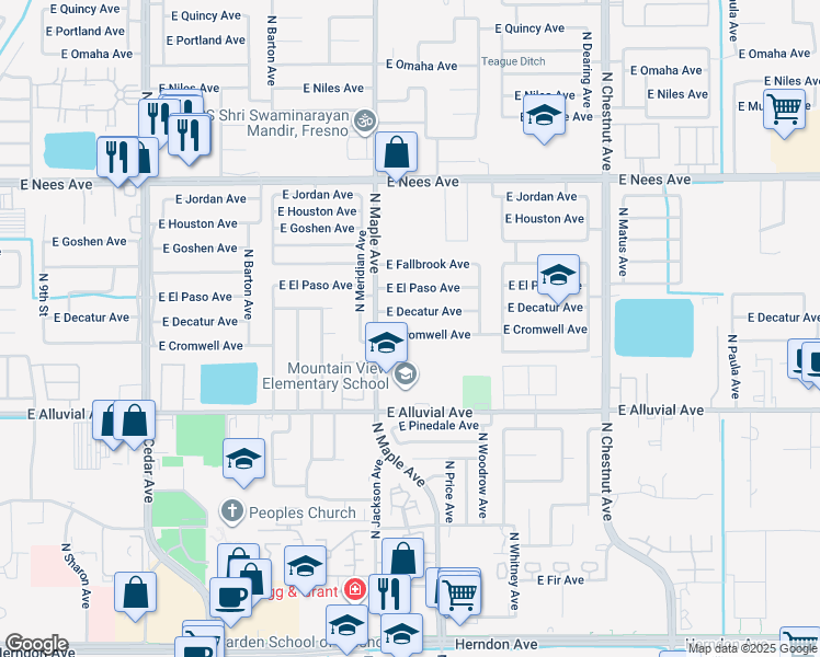map of restaurants, bars, coffee shops, grocery stores, and more near 2062 East Cromwell Avenue in Fresno