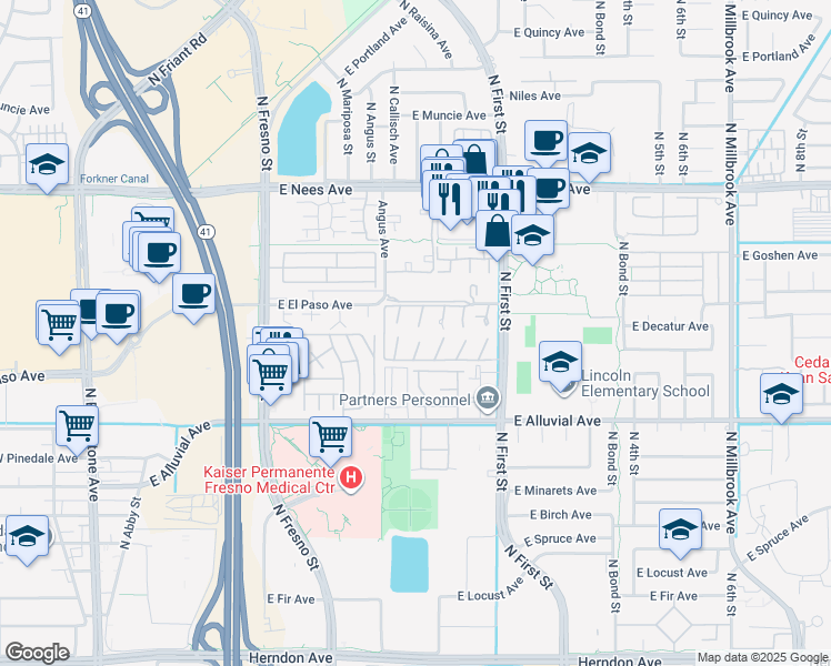 map of restaurants, bars, coffee shops, grocery stores, and more near 561 East El Paso Avenue in Fresno