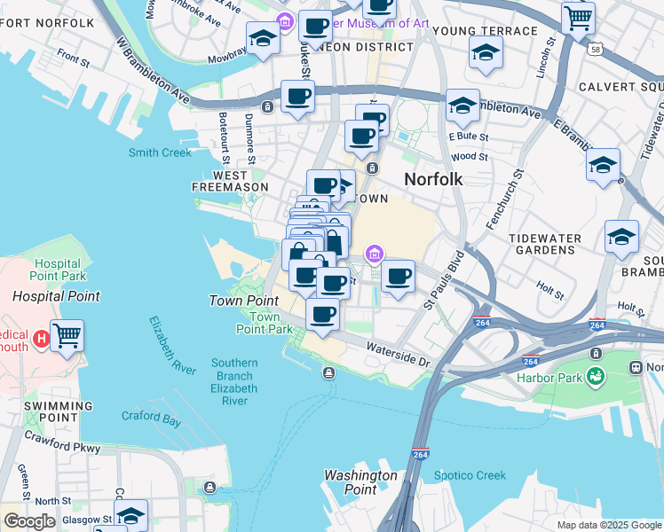 map of restaurants, bars, coffee shops, grocery stores, and more near 150 Granby Street in Norfolk