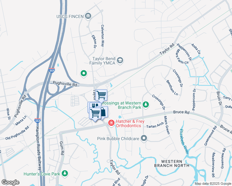 map of restaurants, bars, coffee shops, grocery stores, and more near 3451 Cricket Hollow Lane in Chesapeake