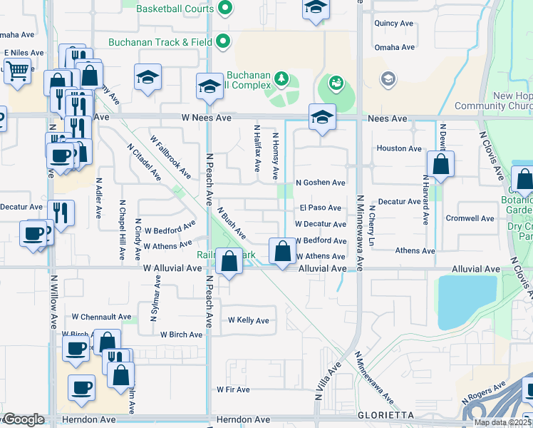 map of restaurants, bars, coffee shops, grocery stores, and more near 236 West El Paso Avenue in Clovis