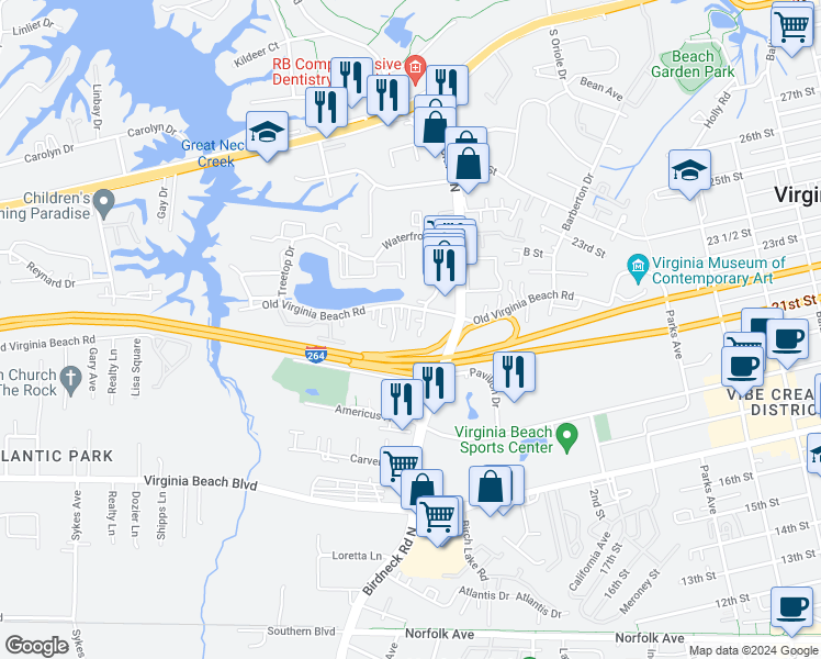 map of restaurants, bars, coffee shops, grocery stores, and more near 400 Polo Court in Virginia Beach