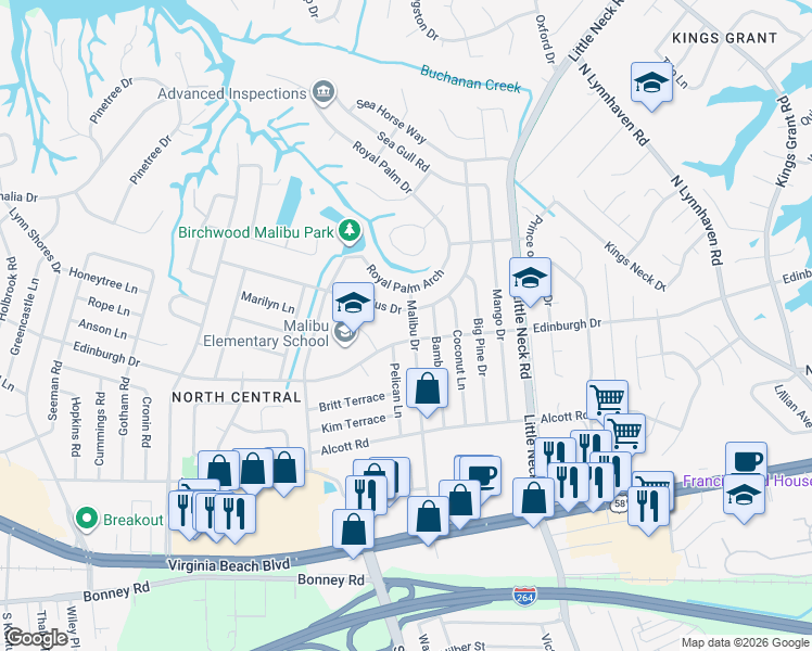 map of restaurants, bars, coffee shops, grocery stores, and more near 505 Malibu Drive in Virginia Beach