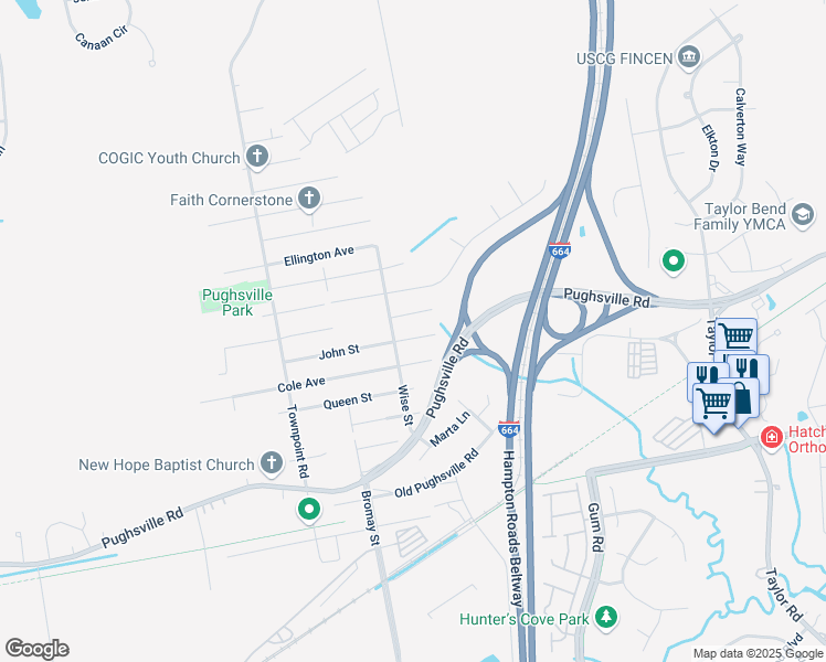 map of restaurants, bars, coffee shops, grocery stores, and more near 5028 John Street in Chesapeake