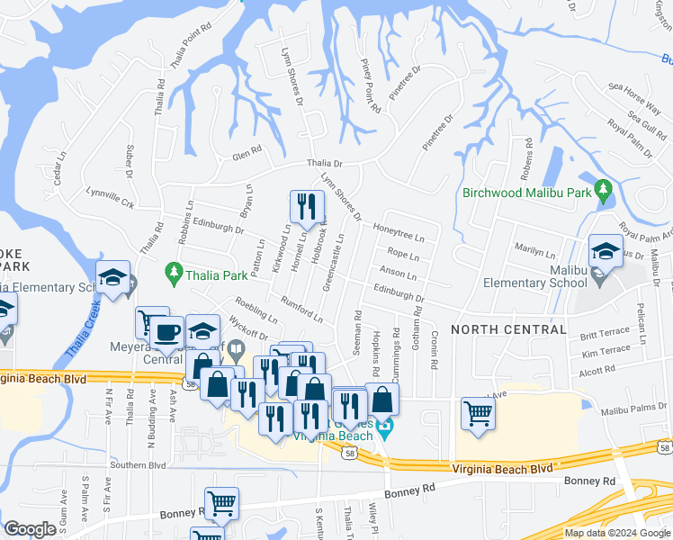 map of restaurants, bars, coffee shops, grocery stores, and more near 500 Greencastle Lane in Virginia Beach