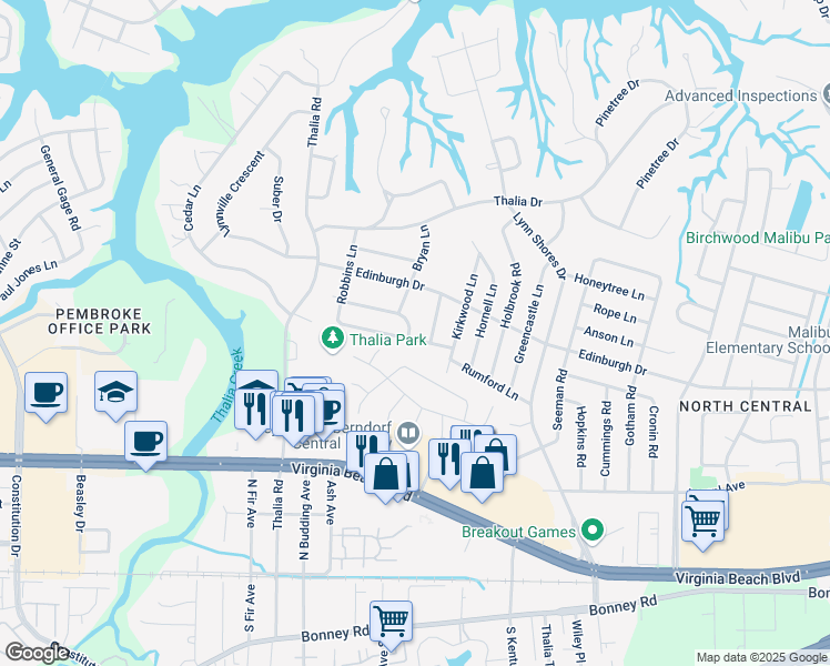map of restaurants, bars, coffee shops, grocery stores, and more near 4100 Duncannon Lane in Virginia Beach