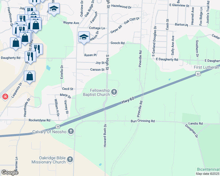 map of restaurants, bars, coffee shops, grocery stores, and more near 2082-2256 S High St in Neosho
