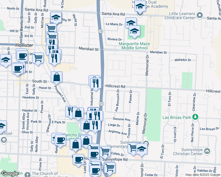 map of restaurants, bars, coffee shops, grocery stores, and more near 630 Del Monte Drive in Hollister