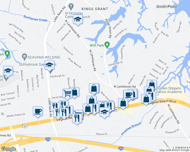 map of restaurants, bars, coffee shops, grocery stores, and more near 478 Leslie Terrace in Virginia Beach