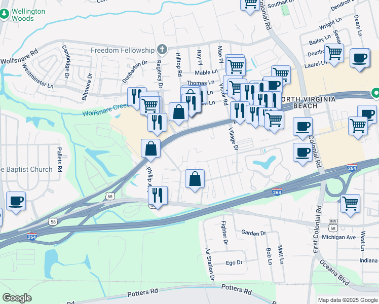 map of restaurants, bars, coffee shops, grocery stores, and more near 534 Jamesville Drive in Virginia Beach