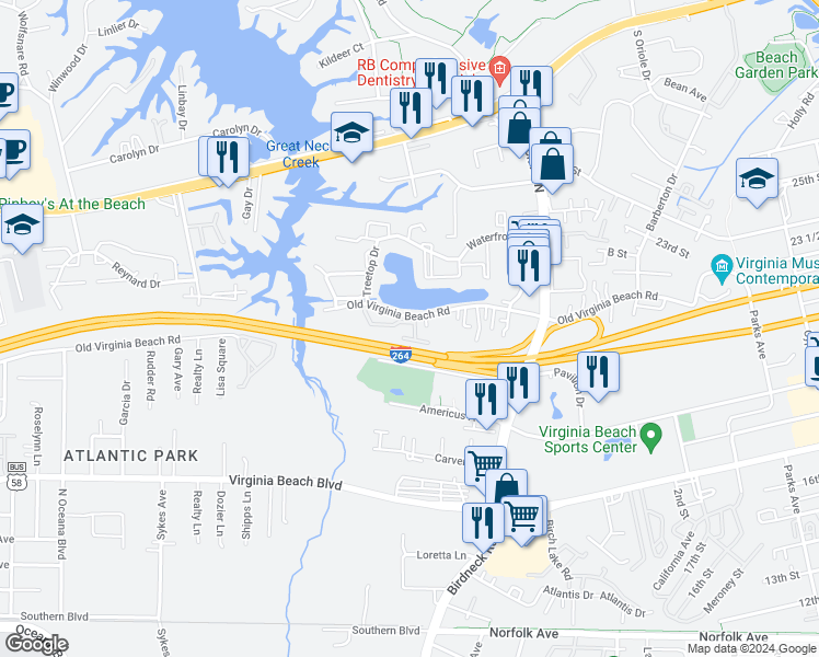 map of restaurants, bars, coffee shops, grocery stores, and more near 525 Ocean Trace Arch in Virginia Beach