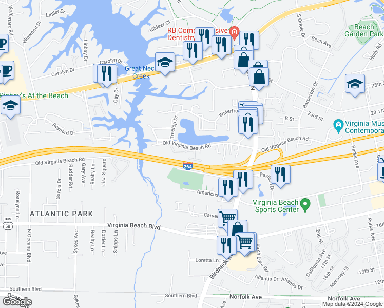 map of restaurants, bars, coffee shops, grocery stores, and more near 525 Ocean Trace Road in Virginia Beach