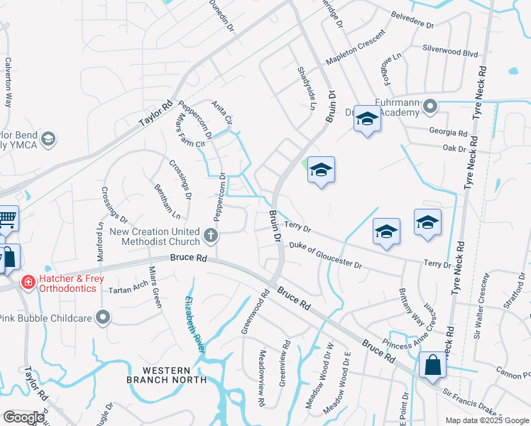 map of restaurants, bars, coffee shops, grocery stores, and more near 4310 Worthing Lane in Chesapeake