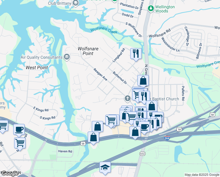 map of restaurants, bars, coffee shops, grocery stores, and more near 523 Lake Havasu Drive in Virginia Beach