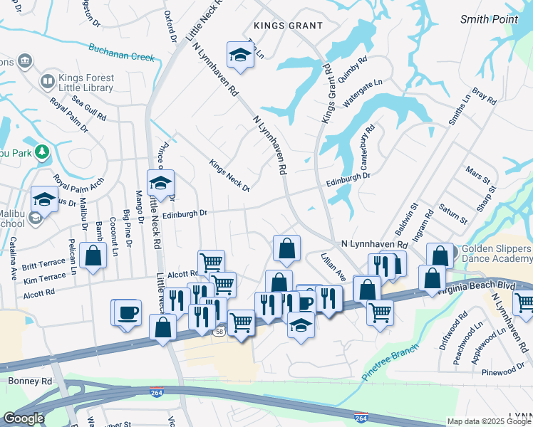 map of restaurants, bars, coffee shops, grocery stores, and more near 490 Cranston Lane in Virginia Beach