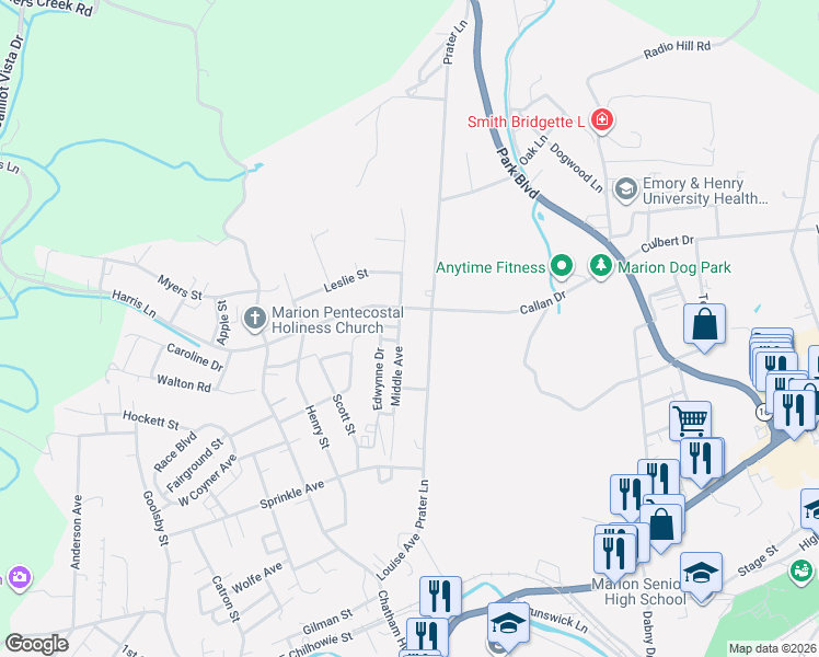 map of restaurants, bars, coffee shops, grocery stores, and more near 850 Prater Ln in Marion