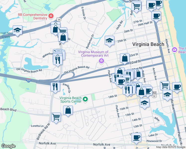 map of restaurants, bars, coffee shops, grocery stores, and more near 2100 Parks Avenue in Virginia Beach