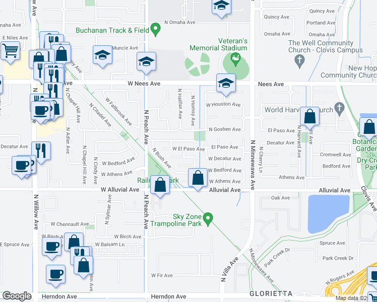 map of restaurants, bars, coffee shops, grocery stores, and more near 236 West El Paso Avenue in Clovis