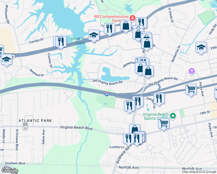 map of restaurants, bars, coffee shops, grocery stores, and more near 501 Ocean Trace Arch in Virginia Beach