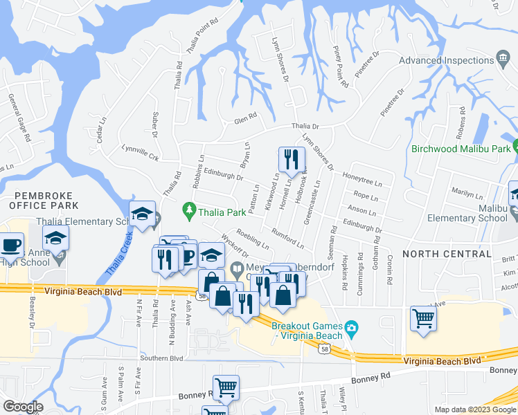 map of restaurants, bars, coffee shops, grocery stores, and more near 457 Kirkwood Lane in Virginia Beach