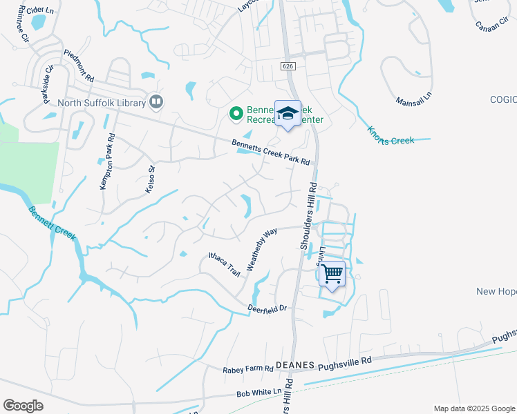 map of restaurants, bars, coffee shops, grocery stores, and more near 3017 Waterjump Crescent in Suffolk