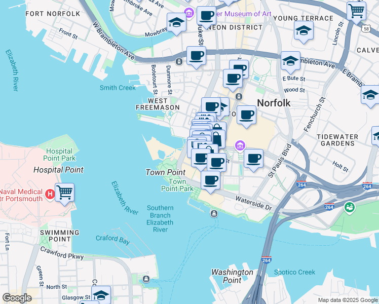 map of restaurants, bars, coffee shops, grocery stores, and more near 135 West Plume Street in Norfolk