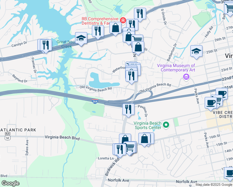 map of restaurants, bars, coffee shops, grocery stores, and more near 1145 Old Virginia Beach Road in Virginia Beach