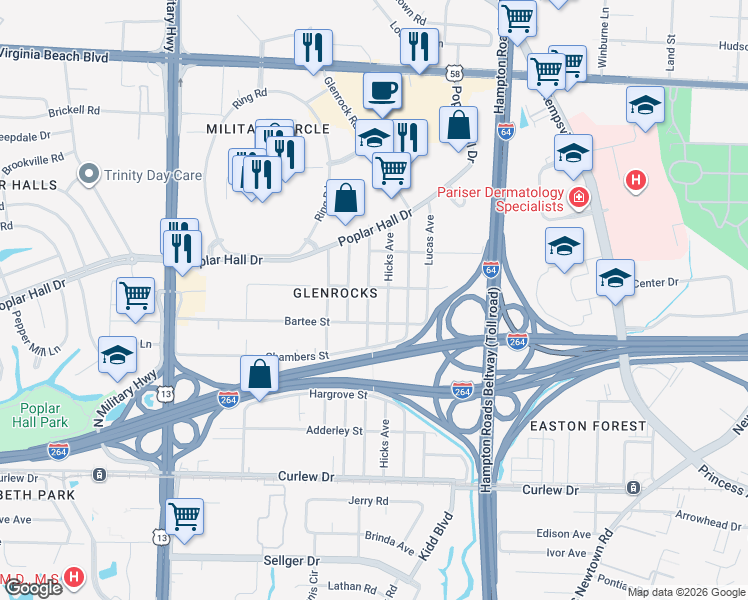 map of restaurants, bars, coffee shops, grocery stores, and more near 420 Honaker Avenue in Norfolk