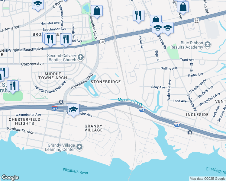 map of restaurants, bars, coffee shops, grocery stores, and more near 3162 South Stonebridge Drive in Norfolk