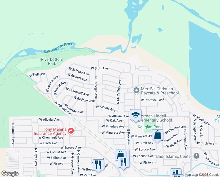 map of restaurants, bars, coffee shops, grocery stores, and more near 5586 West Decatur Avenue in Fresno