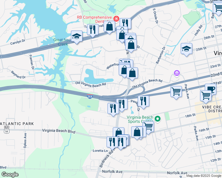 map of restaurants, bars, coffee shops, grocery stores, and more near 1145 Old Virginia Beach Road in Virginia Beach
