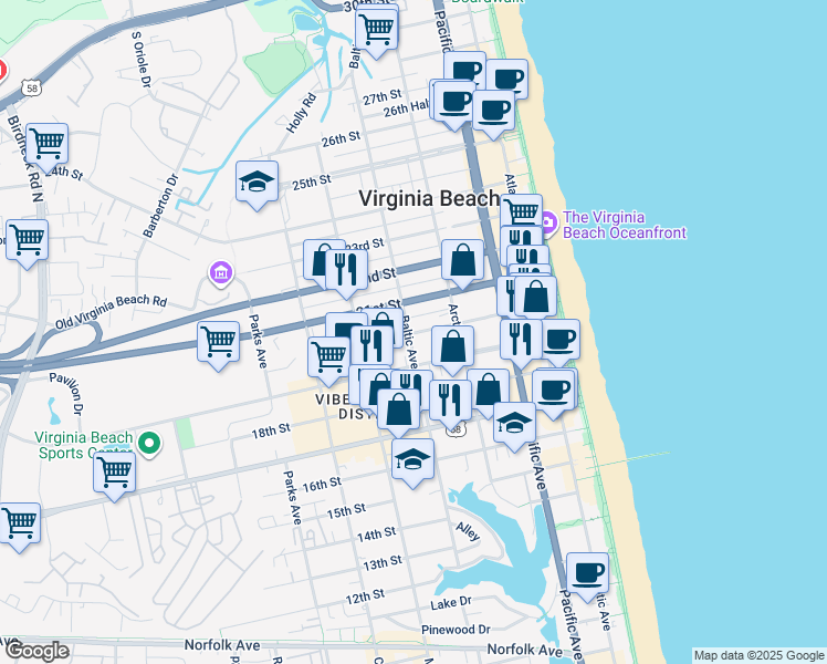 map of restaurants, bars, coffee shops, grocery stores, and more near 2005 Baltic Avenue in Virginia Beach