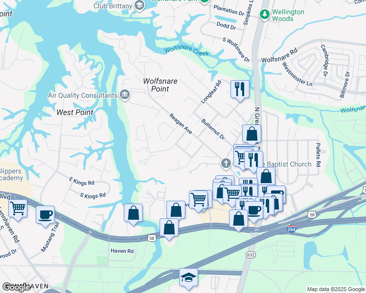 map of restaurants, bars, coffee shops, grocery stores, and more near 403 Rennie Court in Virginia Beach