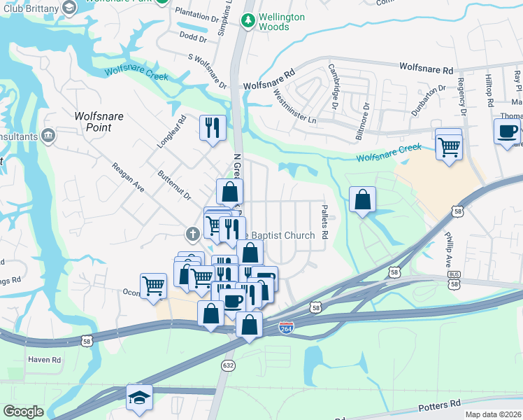map of restaurants, bars, coffee shops, grocery stores, and more near 461 West Plantation Road in Virginia Beach