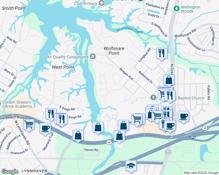 map of restaurants, bars, coffee shops, grocery stores, and more near 2502 Back Acres Road in Virginia Beach