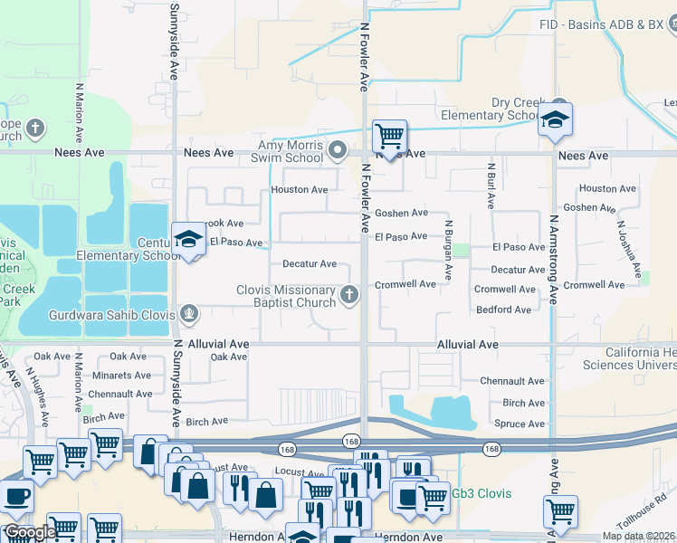 map of restaurants, bars, coffee shops, grocery stores, and more near 1764 Decatur Avenue in Clovis