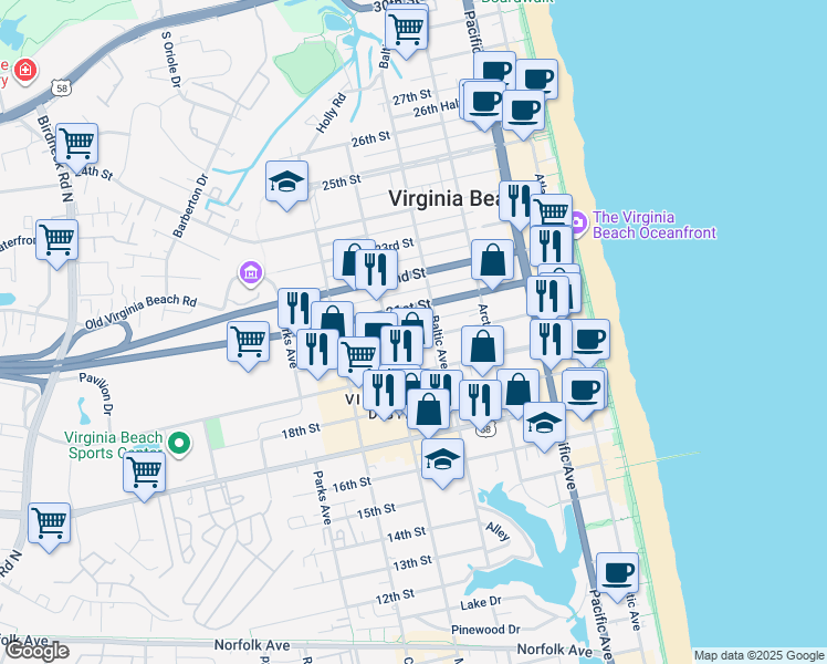 map of restaurants, bars, coffee shops, grocery stores, and more near 515 20th Street in Virginia Beach