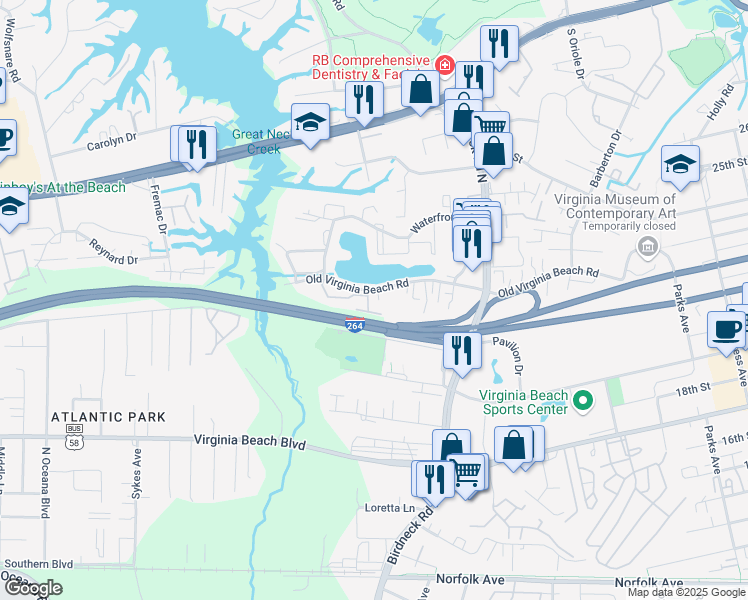 map of restaurants, bars, coffee shops, grocery stores, and more near 504 Ocean Trace Arch in Virginia Beach