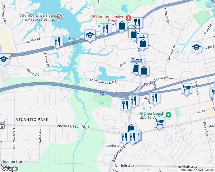 map of restaurants, bars, coffee shops, grocery stores, and more near 504 Ocean Trace Arch in Virginia Beach