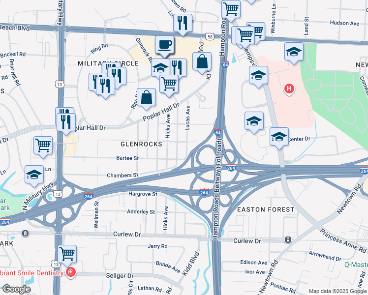 map of restaurants, bars, coffee shops, grocery stores, and more near 423 Lucas Avenue in Norfolk