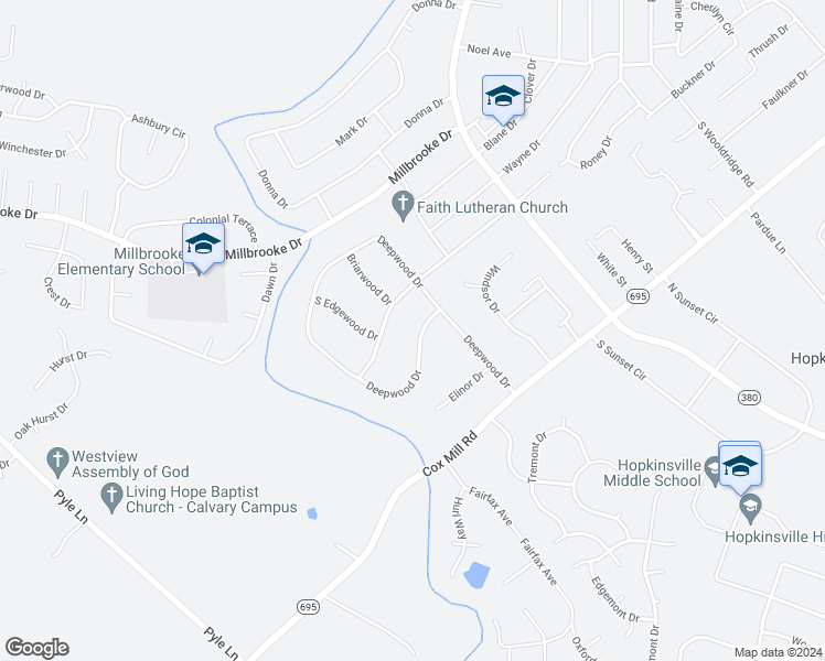 map of restaurants, bars, coffee shops, grocery stores, and more near 615 Deepwood Drive in Hopkinsville