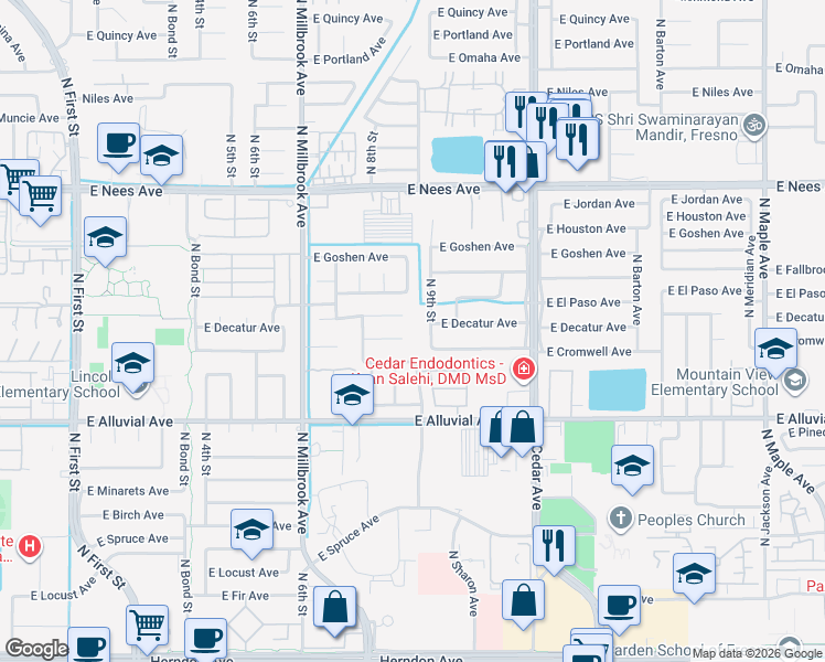map of restaurants, bars, coffee shops, grocery stores, and more near 1194 East Decatur Avenue in Fresno