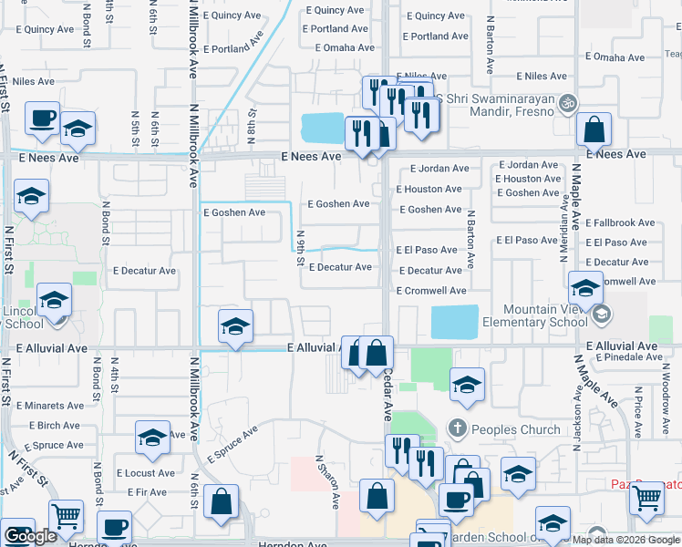 map of restaurants, bars, coffee shops, grocery stores, and more near 1381 East Decatur Avenue in Fresno