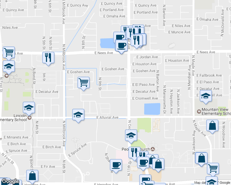 map of restaurants, bars, coffee shops, grocery stores, and more near 1381 East Decatur Avenue in Fresno